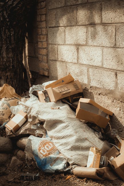 A pile of mixed waste materials and packaging, including cardboard boxes, plastic bags, and paper, is gathered against a rough brick wall and a concrete block wall in an outdoor area. The cardboard boxes vary in size and are partially open or crushed, some with visible printing and labels. The plastic bags are beige and crumpled, containing additional debris. The waste is situated on uneven ground with small stones and dirt visible beneath, and there is a large tree trunk on the left side of the image, with dark, textured bark. Natural daylight illuminates the scene, casting soft shadows and highlighting the different textures of the rubbish and surrounding walls. This image exemplifies a typical scene involved in private rubbish collection or on-site clearance, where non-standard waste such as cardboard, packaging, and general debris is accumulated for removal by services like Rubbish Removal Hampstead, supporting environmentally responsible waste management and alternative disposal methods outside local authority collection.